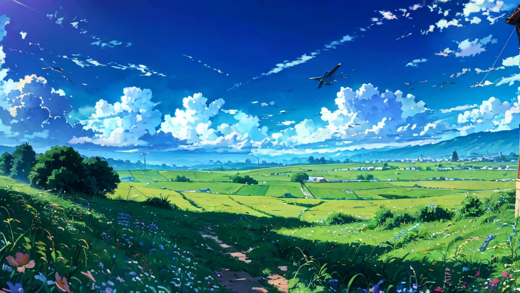 Children flying kites in the blue sky, Detailed Clouds, Field, Grazing cows, Flowers, A house far away, fence
