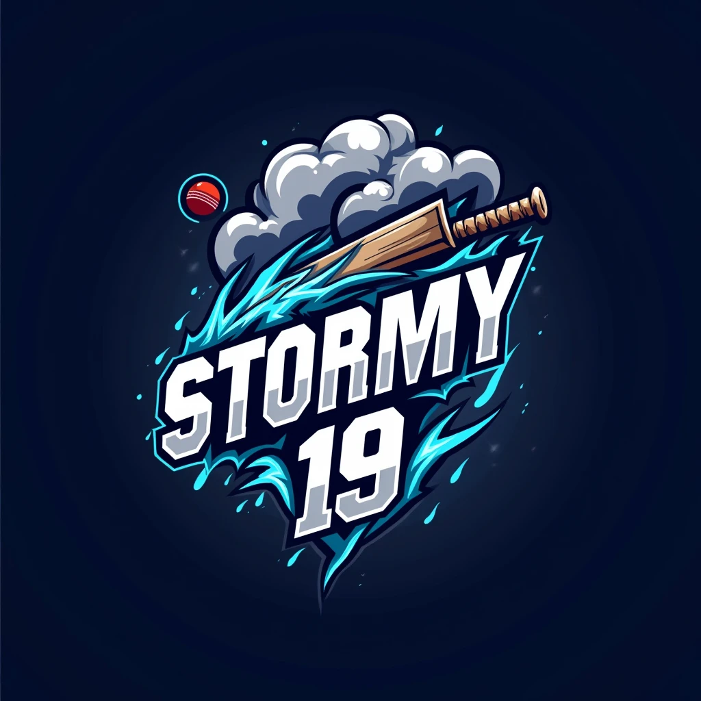 Create a logo for a cricket team named 'Stormy19'. The design should prominently feature the word 'Stormy' alongside the number '19'. Incorporate elements of a powerful storm, such as swirling clouds, lightning bolts, and rain, to symbolize the word 'Stormy'. Include a cricket bat and ball as part of the design, subtly integrated into the storm elements. Use a bold and dynamic color palette with shades of dark blue, electric blue, silver, and white to capture the essence of a storm. The logo should convey energy, strength, and intensity, suitable for use on team jerseys, caps, and promotional materials."