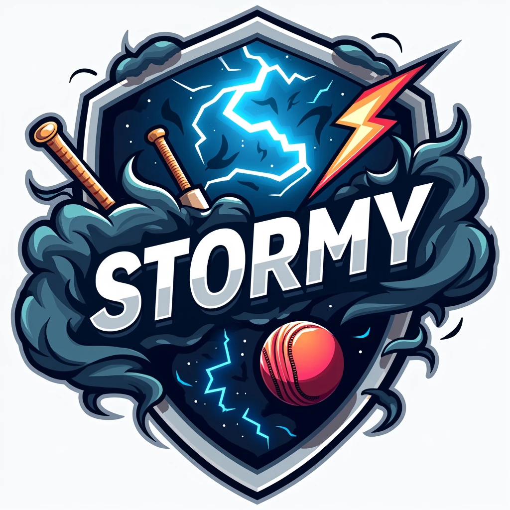 Create a logo for a cricket team named 'Stormy19'. The design should prominently feature the word 'Stormy' alongside the number '19'. Incorporate elements of a powerful storm, such as swirling clouds, lightning bolts, and rain, to symbolize the word 'Stormy'. Include a cricket bat and ball as part of the design, subtly integrated into the storm elements. Use a bold and dynamic color palette with shades of dark blue, electric blue, silver, and white to capture the essence of a storm. The logo should convey energy, strength, and intensity, suitable for use on team jerseys, caps, and promotional materials."