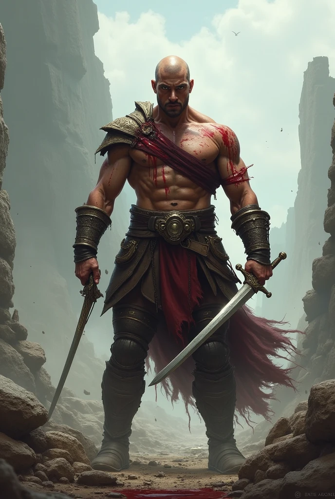 Are very strong great warrior win a war, after finishing the war injured and flowing blood of his body but he standing with brave. His eyes are dangerous. He have two sword in two hands. Destroying d background