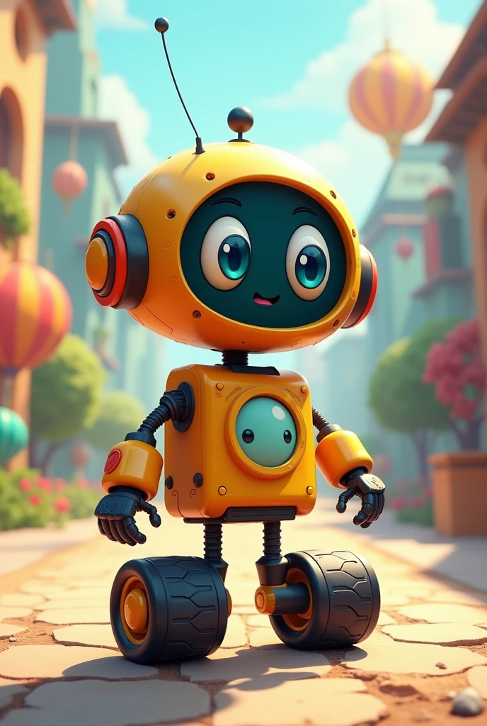 A robot without arms, with three wheels, with a round head, round eyes, that it is like a cartoon and has a rectangular body 