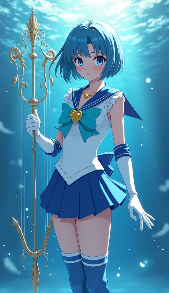"Generate an image of Ami Mizuno from Sailor Moon in her Super Sailor Mercury form. She should be standing confidently, with her short blue hair styled in a sleek bob. Her outfit is a white sailor-style uniform with a blue collar, a light blue bow on her chest with a golden heart-shaped brooch, and a pleated skirt. She wears knee-high blue boots and white gloves with blue accents. She should be holding her Aqua , with water elements swirling around her. The background should be an underwater scene, with shimmering light filtering through, creating a calm and serene atmosphere.", high quality, (RAW photo, best quality), (realistic, photorealistic: 1.4), (extremely delicate and beautiful: 1.4), amazing, fine details, masterpiece, ultra detailed, high resolution, best illustration, best shadow, intricate, ( extremely intricate: 1.2), (exquisitely detailed skin), cinematic light, perfect anatomy, (cool color: 1.4), sharp focus, 8k UHD, DSLR, (Fujifilm XT3),(iluminación cinematográfica :1.4), (pose americano :1.4), (skirt lifted by itself: 1.4 ), (skirt lift: 1.4 ), (showing white panties: 1.4 ), (colores brillantes), (mostrando panties lingerie :1.4), (estilo encaje lingerie transparente :1.4), (6D:1.4 ),( sexy pose sensual seductive :1.4), (poses de brazzers, playboy, OnlyTease, pornworld)