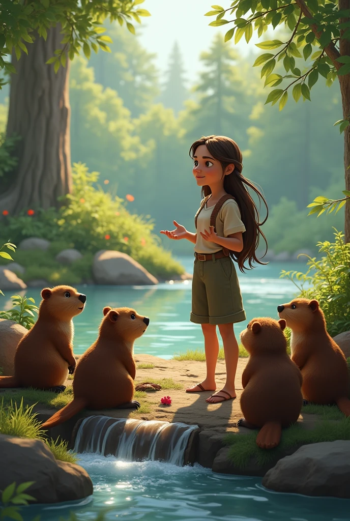 Lila talking to a group of beavers at the dam, explaining the situation and gesturing toward the river, with a collaborative atmosphere