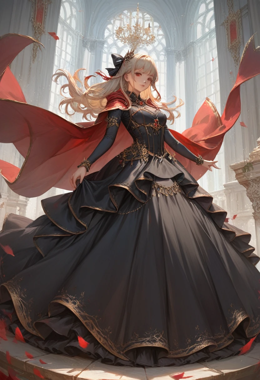 (score_8, score_8_up,Source_anime,masterpiece,highest quality,Perfect ???????,Exquisite detailed,hyper realistic:1.3)(realistic:1.1)1 girl,hair ornament, hair bow, red eyes,black dress,detailed dress,red Cape,Gold embroidery