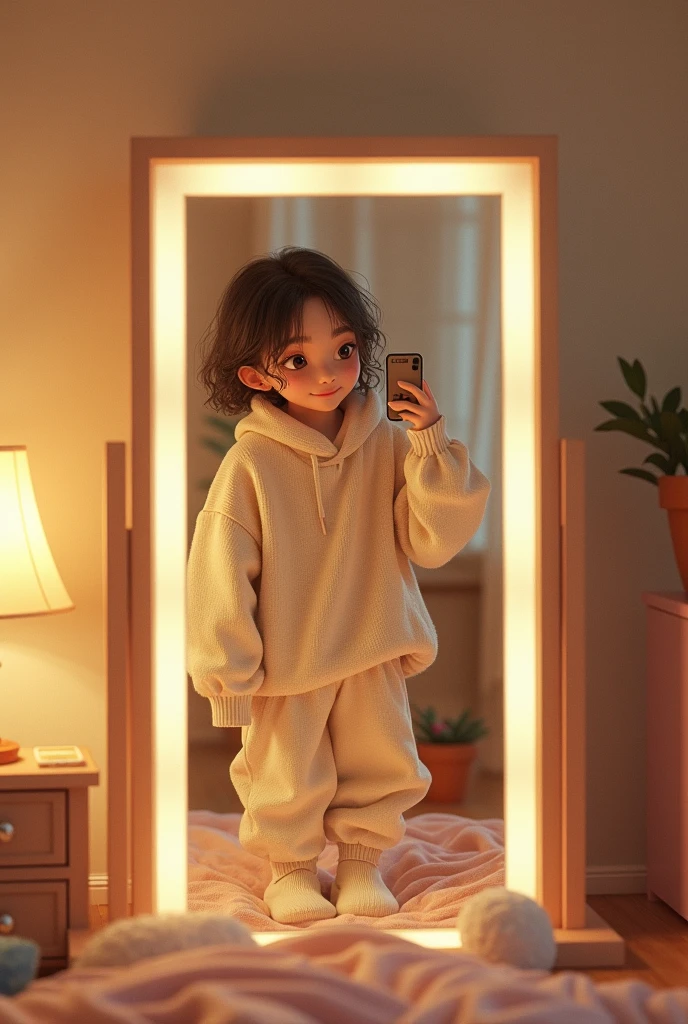 Aesthetic and cute girl dressed entirely in oversized clothes, taking a picture in the mirror