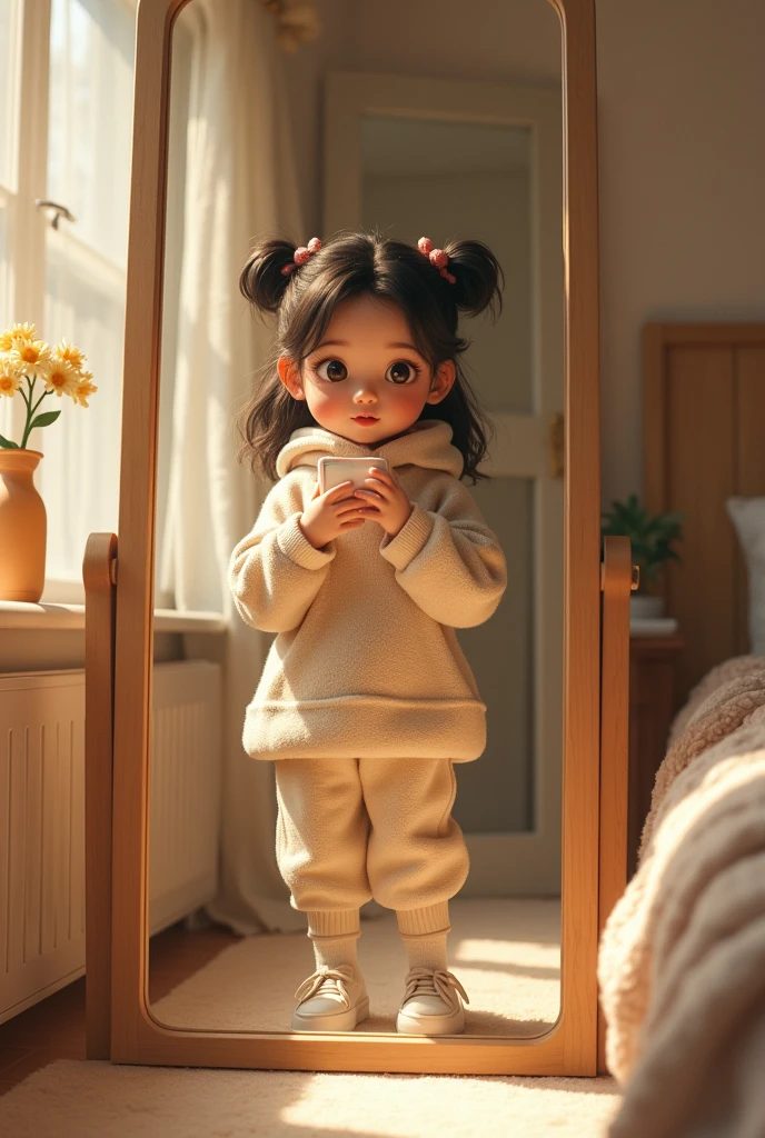 Aesthetic and cute girl dressed entirely in oversized clothes, taking a picture in the mirror