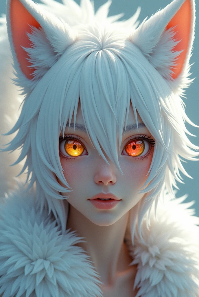 a young adult man with shoulder-length white hair, fox demi-human, arctic fox, his white ears on top of his head and his long tail stood out in his appearance along with his multicolored eyes one yellow and the other red