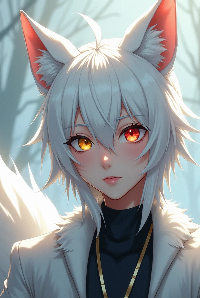 a young adult man with shoulder-length white hair, fox demi-human, arctic fox, his white ears on top of his head and his long tail stood out in his appearance along with his multicolored eyes one yellow and the other red