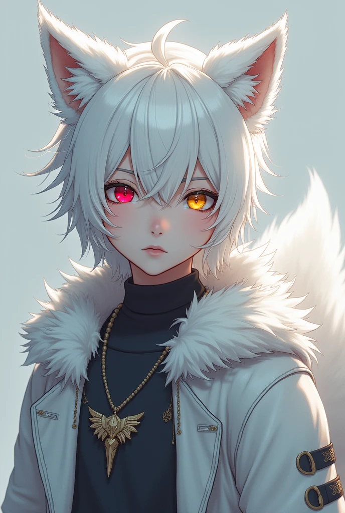 a young adult man with shoulder-length white hair, fox demi-human, arctic fox, his white ears on top of his head and his long tail stood out in his appearance along with his multicolored eyes one yellow and the other red