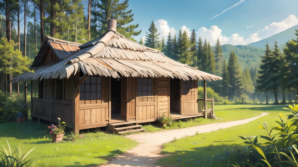 In the middle of the forest, daytime, hut