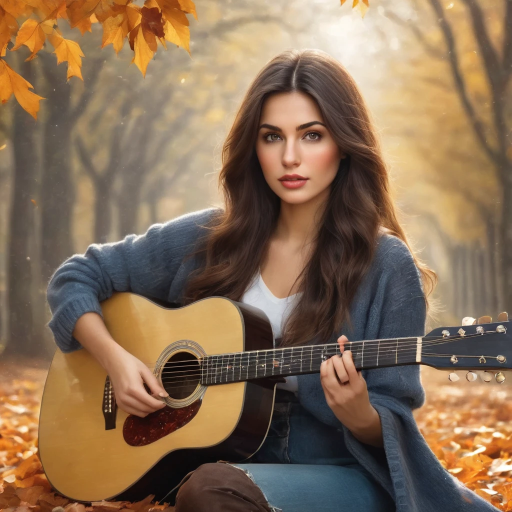 Ultra-Realistic Capture,18k,RAW Photos,Highest quality,masterpiece,reality,Very detailed,Sharp Photos,Very beautiful woman,Acoustic guitar,Magazine Cover,autumn,