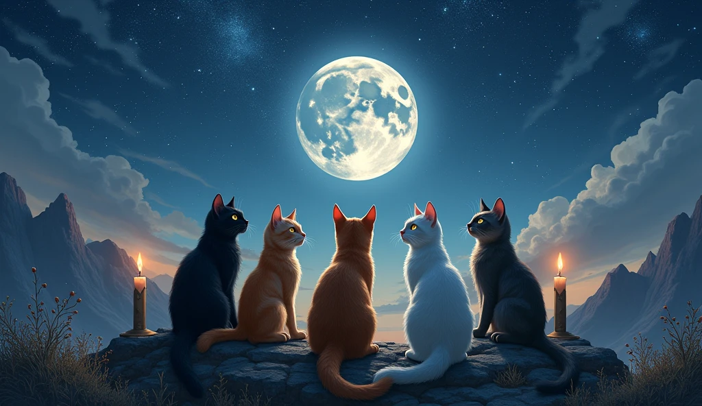Give me a group of cats of different colors in astral time with a sky full of stars and a beautiful moon. They are on top of a mountain looking at the moon and with candles on the side and a statue.