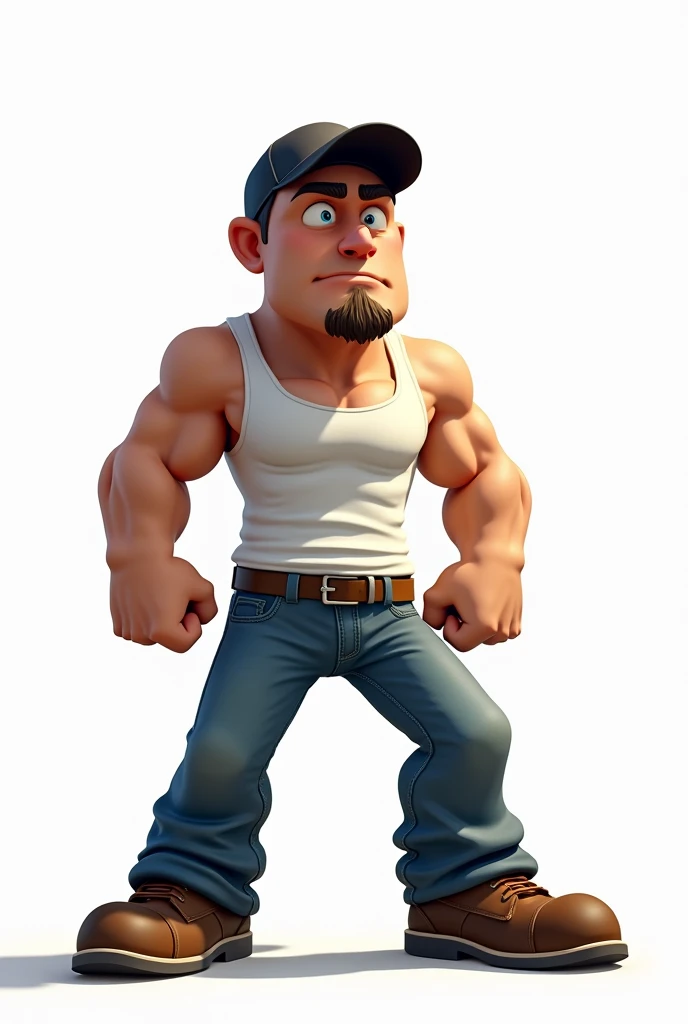 drawning, bright coloured, naughty man, 3, 70 kilos, short stature, stark, Seriously, light brown, baldie, Black cap, white tank top, blue jeans, Brown Shoe, goatee, apocalypse survivor, Action scene, , white background, fully body