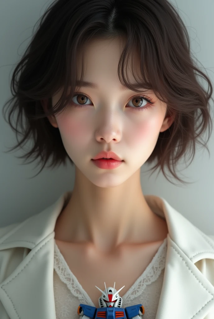 masterpiece、highest quality、High resolution、table top、wallpaper、realistic、bright lighting、professional lighting、face light、smooth lighting、japanese woman、adult woman、Beautiful woman、actresodeled、gravure、sexy、super beautiful、beautiful skin、beautiful and detailed eyes、detailed face、slim、Medium chest、short hair、brunette colored hair、brown eyes、look at the camera、Gundam from the neck down、profound feeling、beautiful areola、beautiful nipples、Opening Yukata、