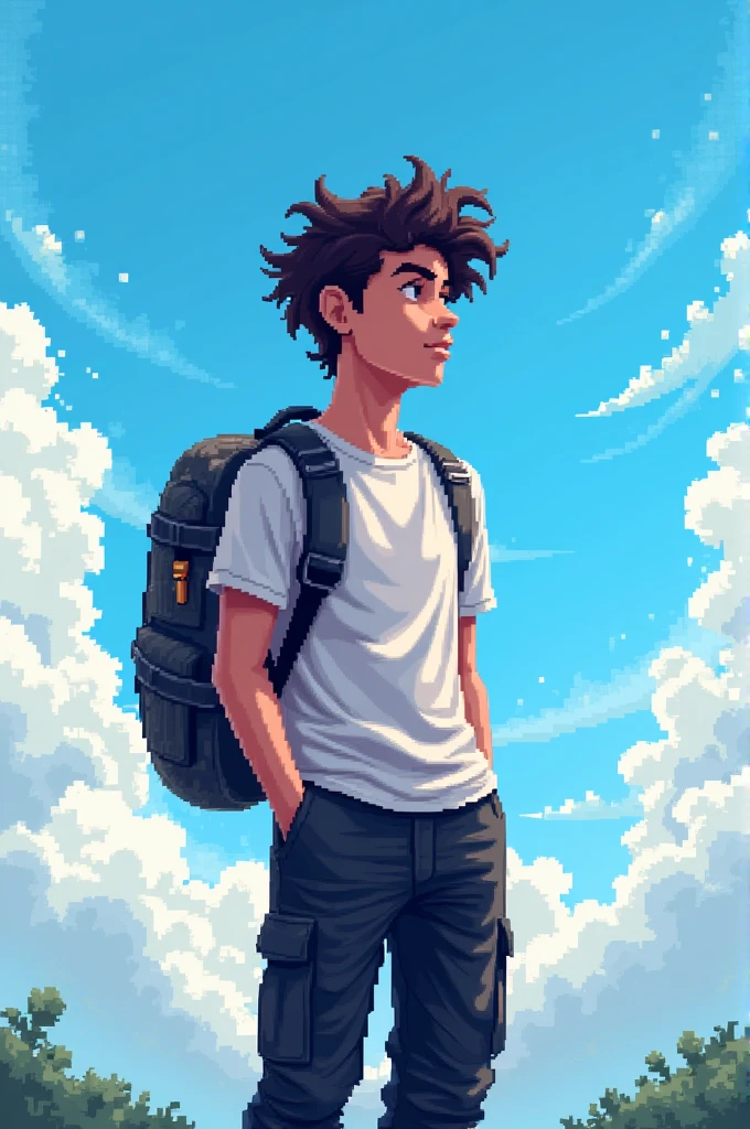 YouTube channel banner,theme pixelated blue sky with clouds,and a guy with curly hair,black cargo pants,white t shirt with a ganger backpack.