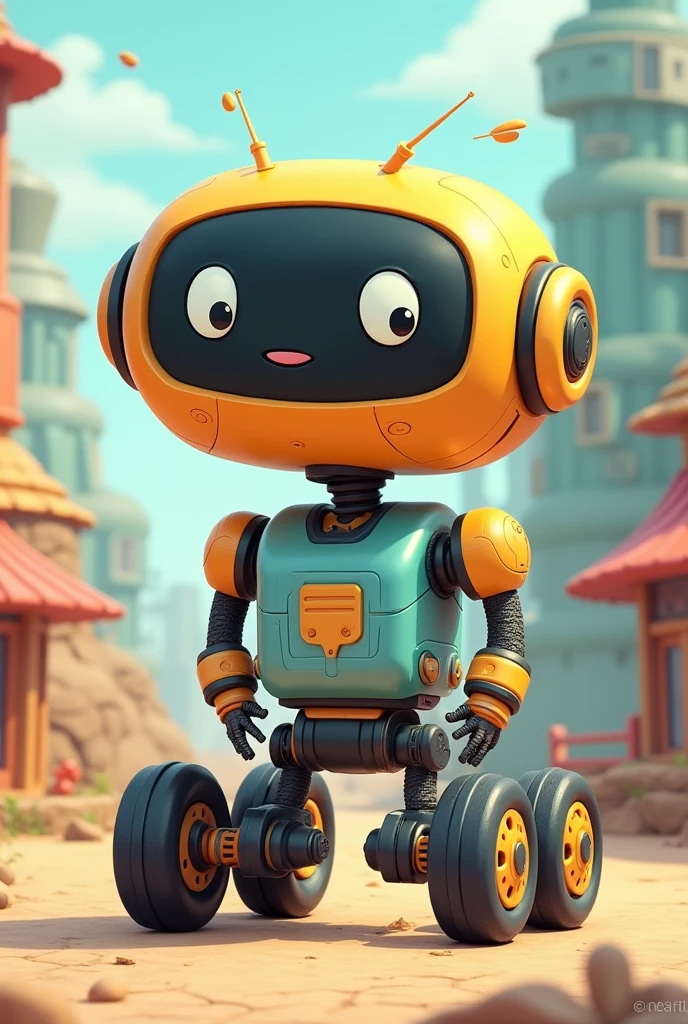 A robot without arms, with three wheels, with a round head, round eyes, that it is like a cartoon and has a rectangular body 