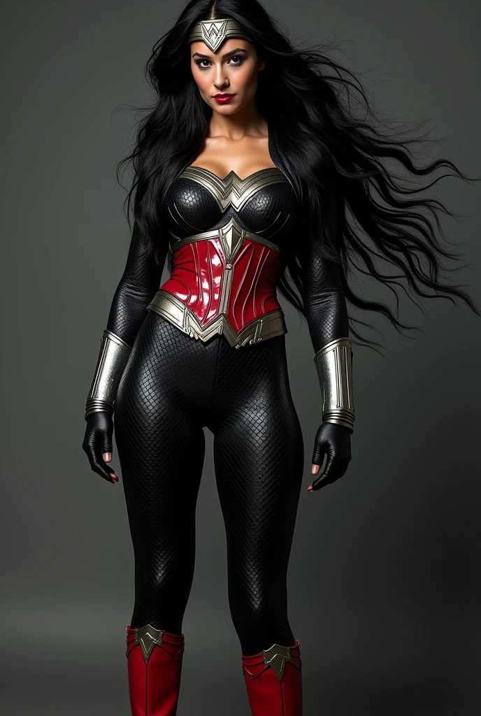 A beautiful woman with long black hair under the mantle of the Amazon warrior Wonder Woman in a black leather suit that covers her entire body with tiny scales all over the suit Red Wonder Woman corset diaema in silver-colored metal Silver-colored metal bracelets Red boots fitted to the suit (((without cape)))