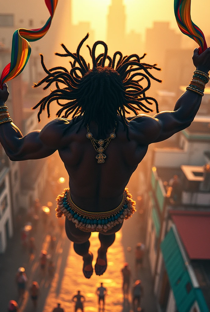 Create the front image of a black superhero, com dreads longos, ribbons of Senhor do Bonfim in the hands and Candomblé beads, flying over the city of Salvador in Bahia while watching some fights happening down below