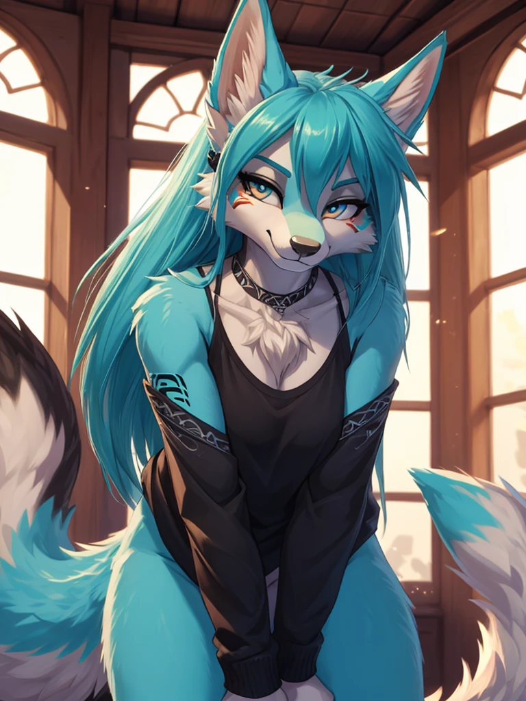((Nsfw)), ((masterpiece, best quality)), (anthro furry:1.3, snout:1.2, anthro:1.3, furry:1.2, closeup:1.4, solo female:1.2, 1 teen, neckline, leaning forward, half-closed eyes, smug smile), girl, Miku Hatsune, add high definition_detail:1, blue fur,kitsune ears, tribal tattoo add_detail:1, frente a un espejo, ropa casual  black blouse, licra mini short add_detail:1, maquillads bonito