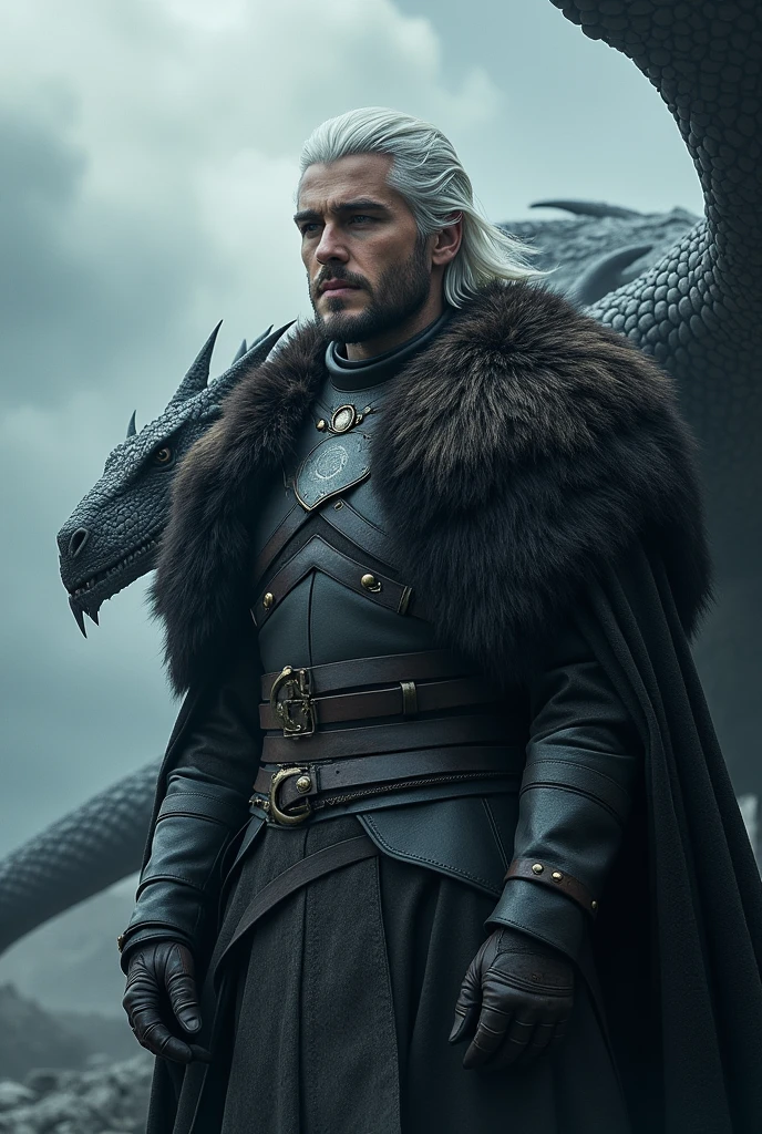 Game of throne Jon snow in white hair with dragon

