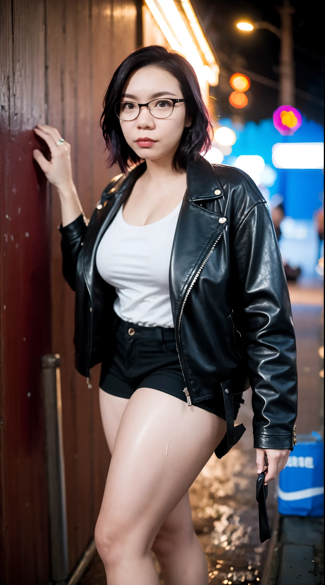 (masterpiece, best quality:1.2, cyberpunk), 1girl, 35yo, (thai:chinese:0.5), plus sized woman, curvy, solo, thicc body, fat, very short hair, (leaning to wall behind), wet, wet hair, wearing cyberpunk leather jacket, shorts, net stocking, ParewaFace, glasses, black cosmetic, standing against night hongkong cyberpunk, low light, depth of field, (bokeh), (neon)