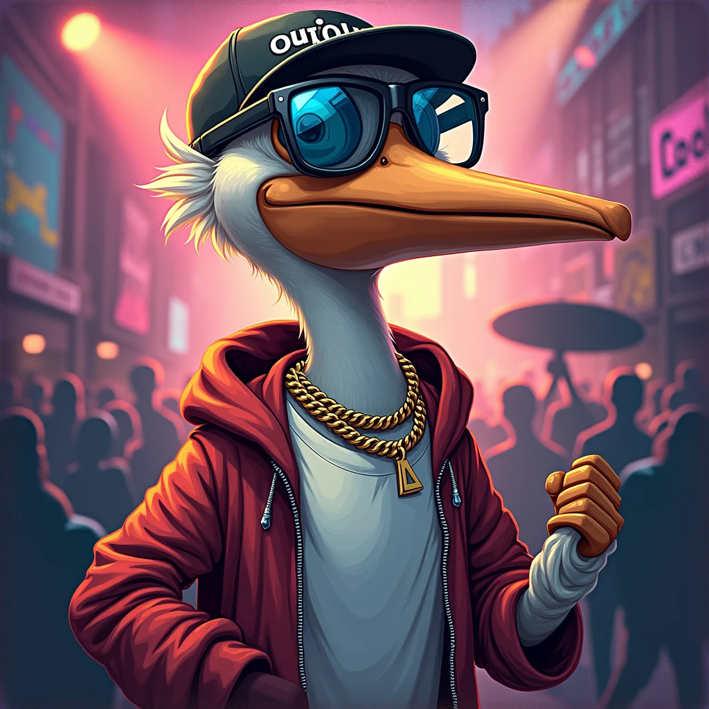 Pelican with glasses and rapper