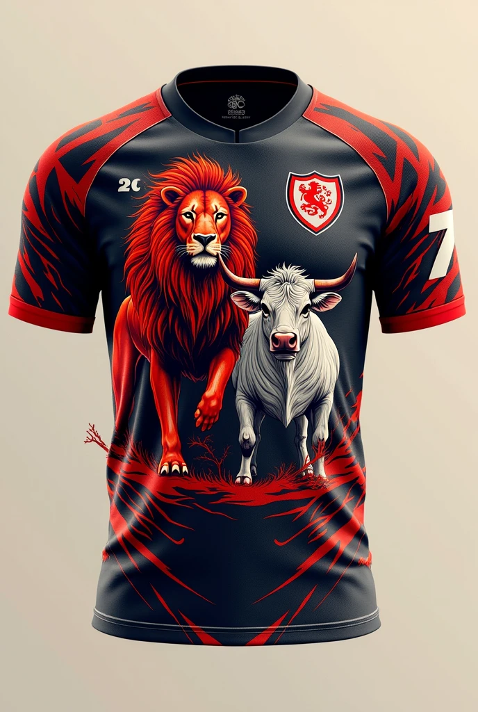 Make a football shirt with the main animal being a lion and a cow and saying 7c