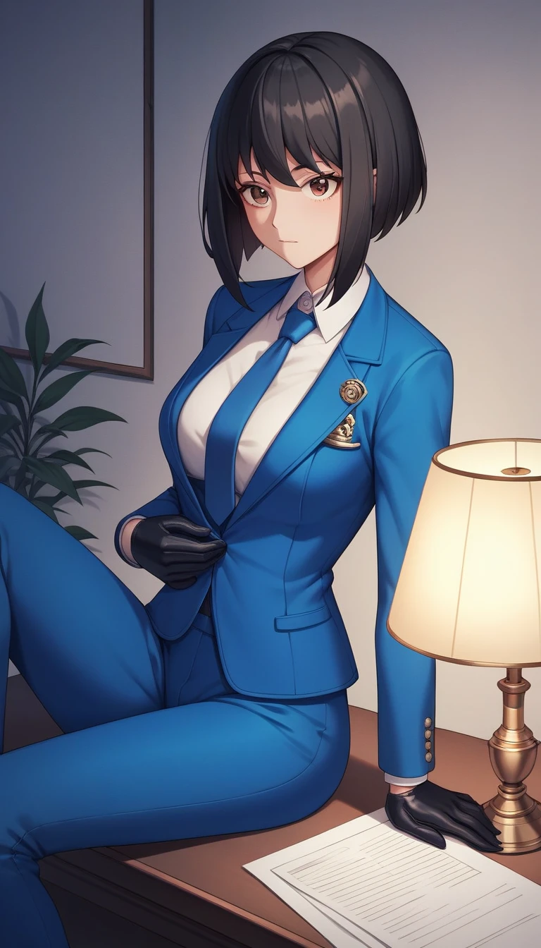 score_9, score_8_up, score_7_up, source_anime, best quality, amazing quality, very aesthetic, 1girl, a close up of a person in a suit and tie, female spy, wear a mask, 1girl, brown eyes, wariza, medium hair, bob cut with layers, black hair, wearing a strict business suit, blue uniform, white shirt, Long-sleeved shirt, blue grey tie, blue formal coat suit, leather gloves, blue trousers, a woman sitting on table, interrogation room with one burning lamp, night days,