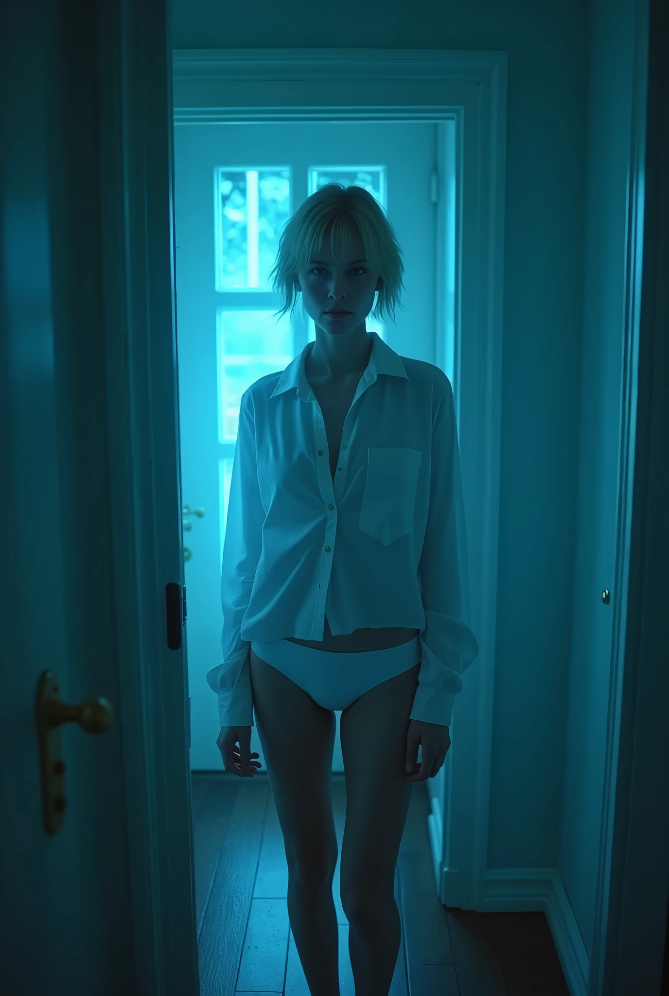 (photorealism:1.2), beautiful woman, swedish, blonde,sad, pensive, assistant, no skirt, white underwear, white fitted shirt, 18yo, haunted house, wooden floor, blue lighting, hologram, projection,looking at camera, short hair, liminal, followed by darkness, dark