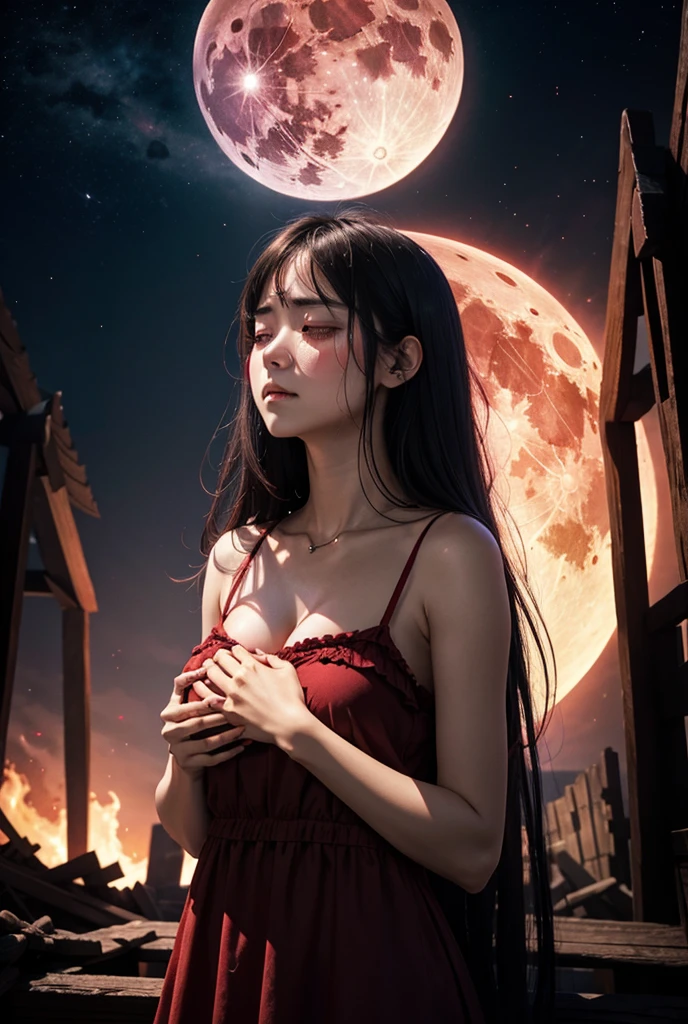 Satanic、despair、Devastation、natural disaster、middle ages、Red full moon、Woman looking up to the sky and shedding tears、Place your hand on your chest、Sad look、Light makeup、Fluffy camisole