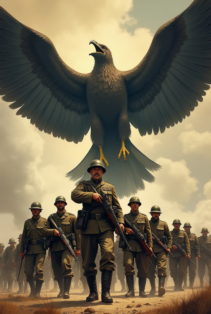 there are many men in uniforms with guns and birds in the background, the large birds of war, epic propaganda poster, the great war, old war poster, by Bob Eggleton, by David B. Mattingly, enormous, board game cover art, by Ignacio Zuloaga, enb, inspired by Bob Eggleton, by Elizabeth Durack