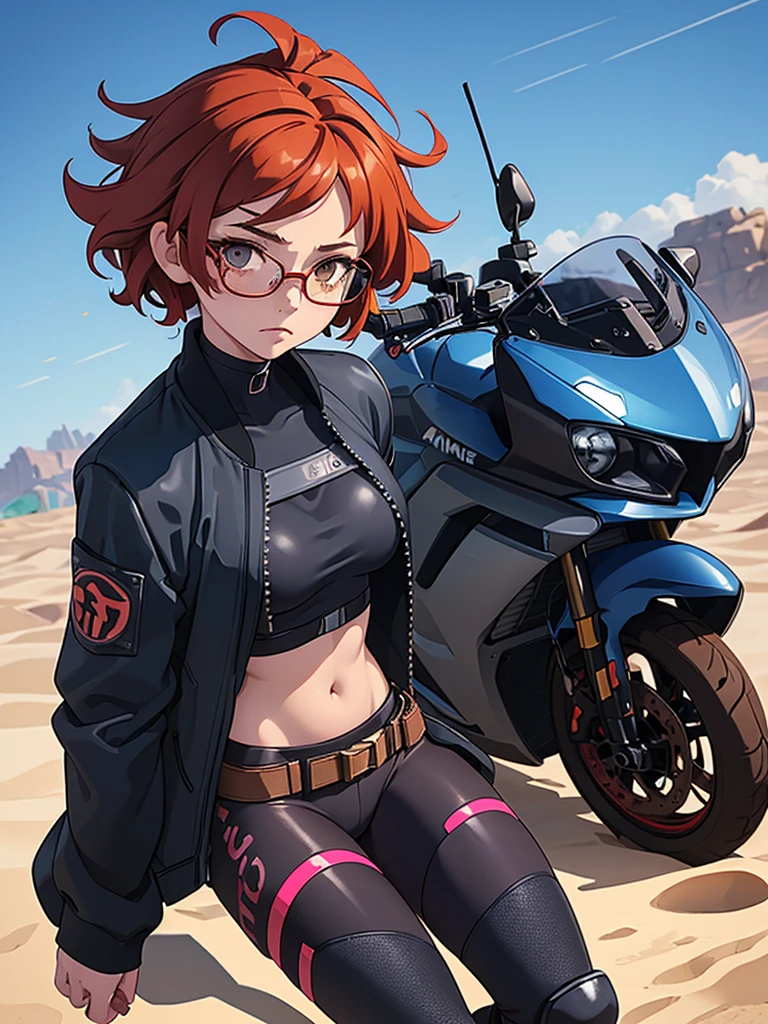 (masterpiece), (best quality), ((one girl)),alone, red hair,((brown eyes)),short curly hair, anime style, freckles, (small breast) (petite figure), blue and black cyberpunk jacket, leggings, knee pads, battle outfit, legs((desert background)), glasses