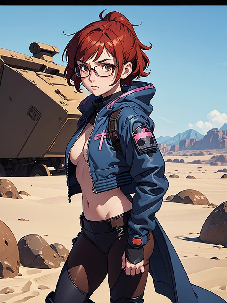 (masterpiece), (best quality), ((one girl)),alone, red hair,((brown eyes)),short curly hair, anime style, freckles, (small ) (petite figure), blue and black cyberpunk jacket, leggings, knee pads, battle outfit, legs((desert background)), glasses