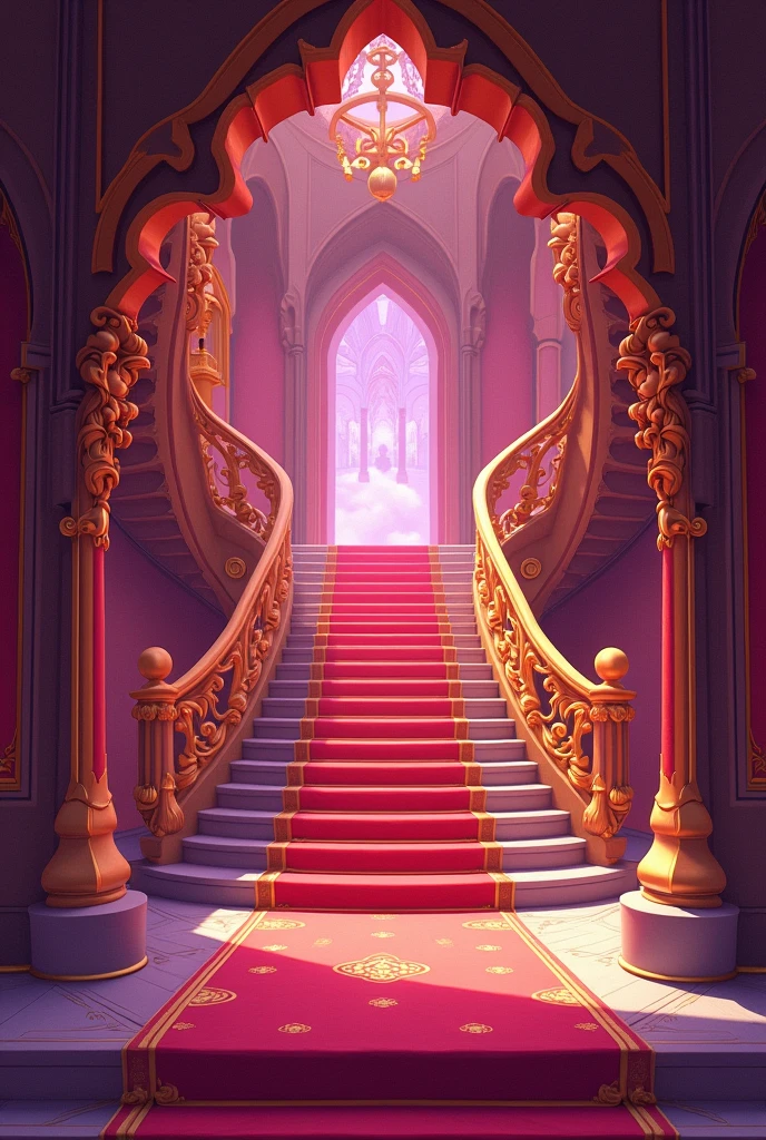 I want a background that represents the interior of the Beast's castle from the Disney animated film "beauty and the Beast" the caricature, specifically the stairs and that they have pink and red decoration.
