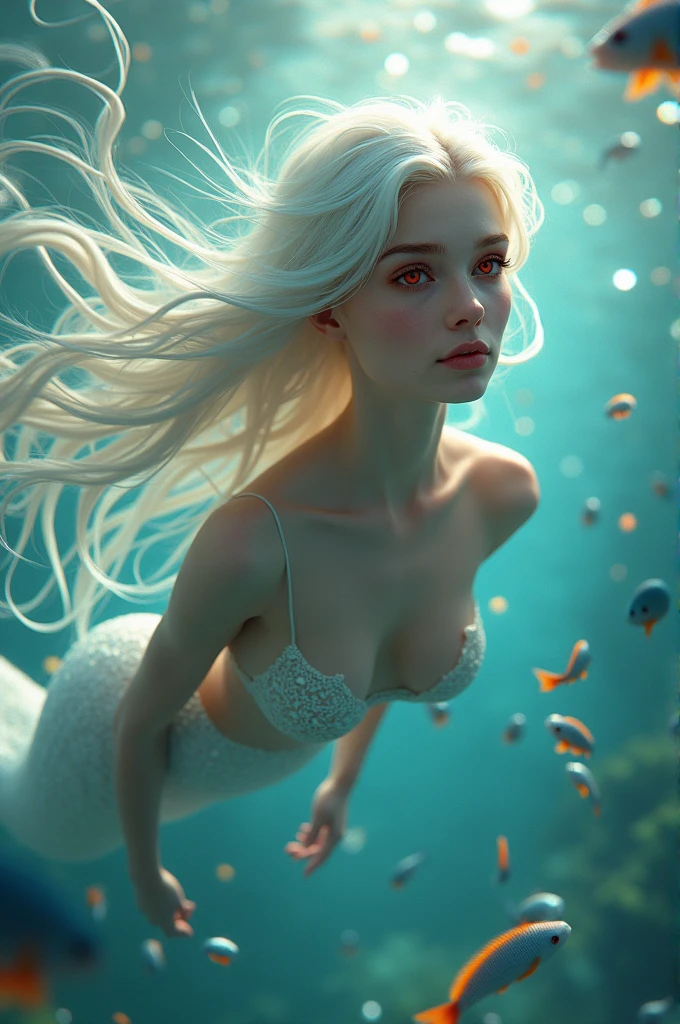 Beautiful mermaid, white long hair, red eyes, realistic photo, high detailed, Realistic, high resolution, high texture, beautiful beauty, long flowing hair, big eyes, full and high straight, swimming, silver and bluesea fish tails, pale skin, happy eyes, masterpiece, best quality, (extremely detailed CG unity 8k wallpaper), (masterpiece), (best quality), hand fingers of human, (polychromatic:1.25), (scenic:1.2), (heterochromatic:1.2), (ultra-detailed), (best illustration), (best shadow), (lightfast), (highly detailed reflection), (an extremely delicate and beautiful), (fantasy), (dynamic angle), (dynamic pose), (1 mermaid floats in undersea), (white hair), (long wavy hair), (swirling hair), (gradient hair), (white and light blue dress), eyelashes, (highly detailed face:1.3), (light particles:1.3), (highly detailed light:1.3), (light changes to water:1.5), ( lots of water current), red, vermeil, orange, yellow, green, lime, peach, colar, pink, aqua, blue, violet, (gradient colored background), smile, upper body, (detailed blue sky:1.3), (ribbon strawwps), (close up:0.8)