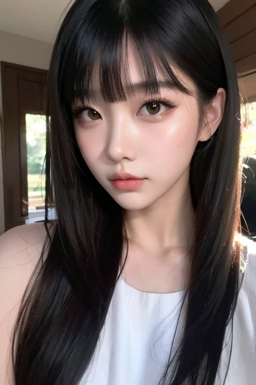 masterpiece、最high quality、high quality、Best image quality、Ultra-high resolution、Realistic、RAW Photos、beautiful girl、Japanese、、School girl、Popular Korean makeup、Details eyes、Swollen eyes、Details skin、Beautiful Skin、A slightly younger face、Beautiful face in every detail、Human skin texture、Best Illustration、Look straight ahead、Look straight ahead、Angle from the waist up、Soft Light、Realistic photos、Black Hair（A little bit of green）、Medium Hair、Loose layered hair、Gorgeous red and black dress, Mature Woman、Long and stylish bangs、Rounded jaw