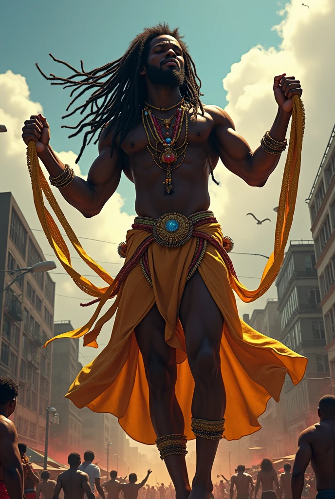 Create the front image of a black superhero, com dreads longos, ribbons of Senhor do Bonfim in the hands and Candomblé beads, in the city of Salvador in Bahia while watching some fights happening down there