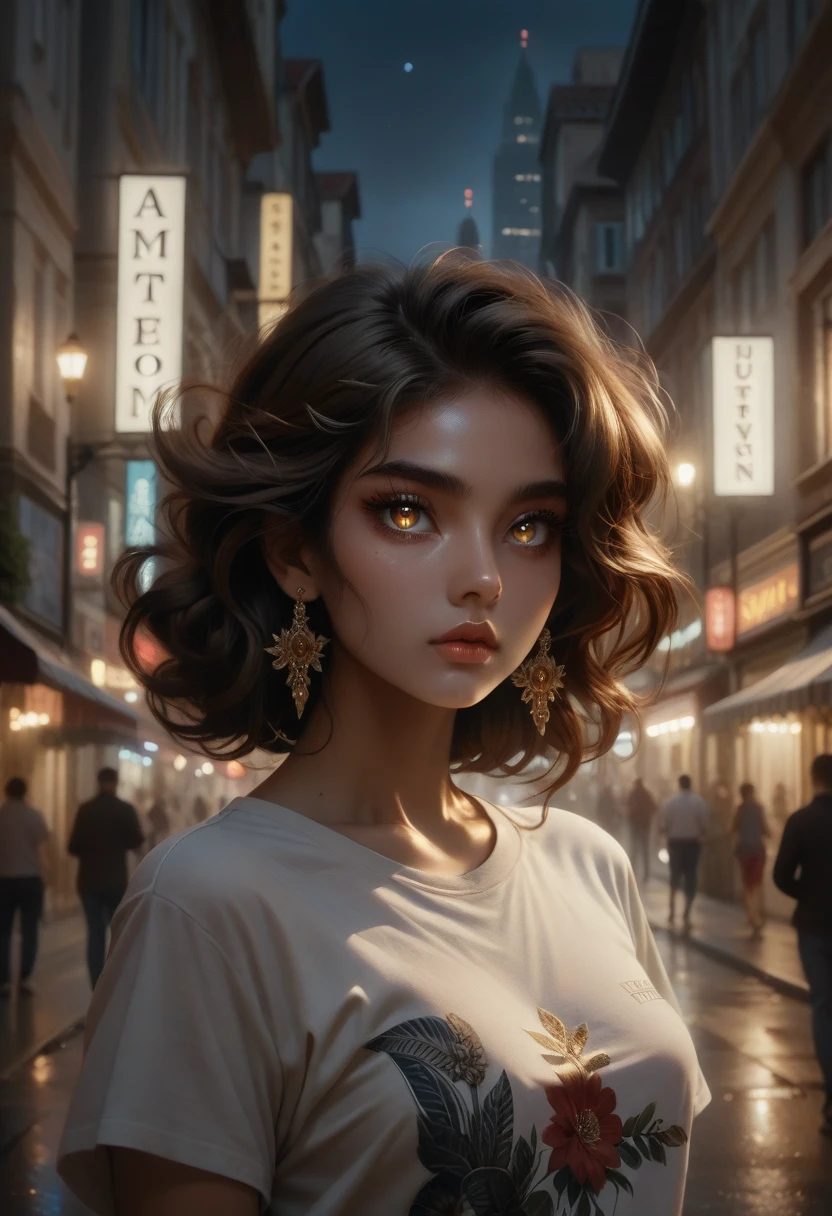 (Best quality, a high resolution, masterpiece :1.3), beautiful woman, A slim body, dark brown hair, T-shirt, (Street in the city at night), Highly detailed face and skin texture, detailed eyes, double eyelid