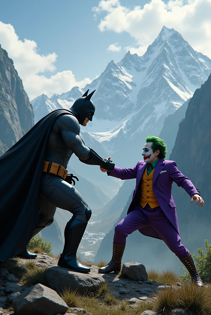 Create an image of batman fighting joker in nepal
