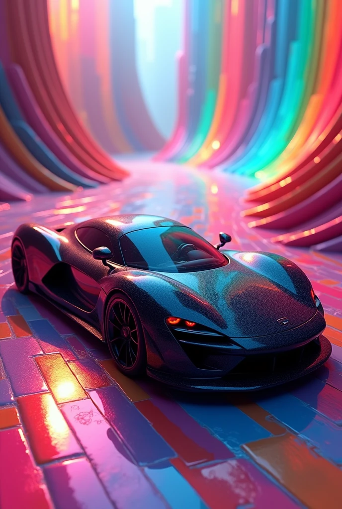 A black car driving blue bard with rainbow