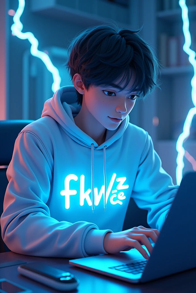 3D ANIME OF A YOUNG MAN WEARING A WHITE HOODIE WITH WRITING "FIDZ KWCE" WITH A COOL FONT AND THE TEXT IS LIGHTING UP IN BLUE WHILE PLAYING ON THE LEPTOP WITH A BLUE LIGHTNING EFFECT WITH A BRIGHT, ATTRACTIVE AND LIGHTING ROOM BACKGROUND 
