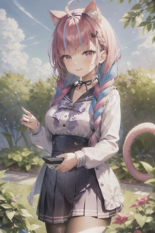 masterpiece, Highest quality, High resolution,  Side light, One person, Minato Akua, Virtual YouTuber, tail, Animal ears, Cat ear, Long Hair, Purple eyes, Braiding, Ahoge, cat tail, skirt, Multicolored Hair, twin Braidings, Blue Hair,  Two-tone hair, hair band, tail ornament, tail ribbon, Pink Hair, Anchor hair ornament, ribbon, Sailor collar, school uniform, pleated skirt, bow, Cat girl, twintails, Large Breasts, bangs, Upper Body, smile,