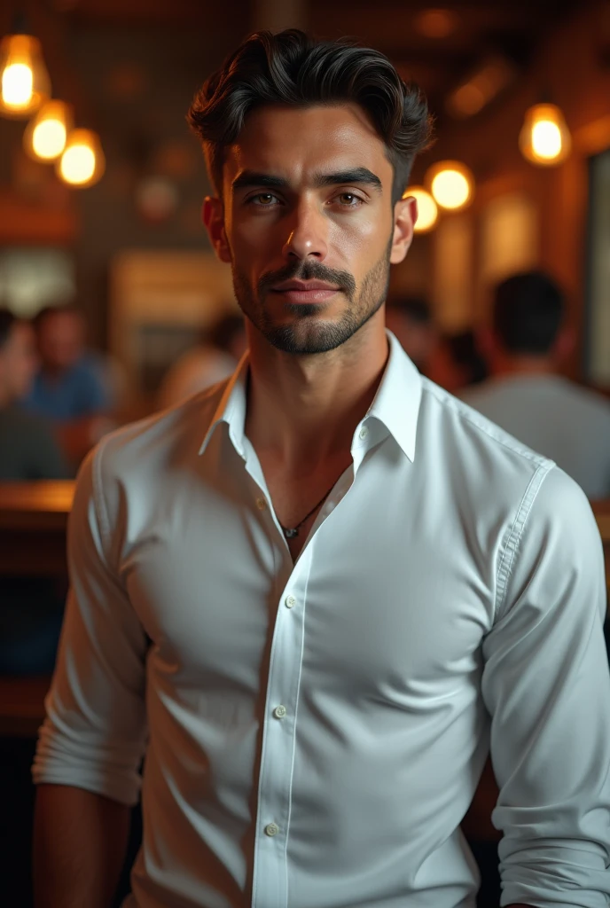 man, 30 years, moreno, hazel eyes, handsome, with white shirt, realist, whole body, pub, 