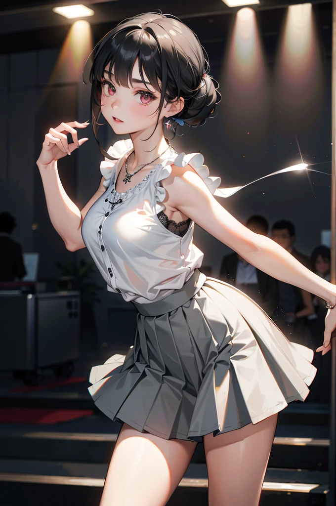 masterpiece:1.2、8k、Real、Photorealistic:1.37、Super detailed、Facial portrait、Face photo、Big Breasts、1 female、Staring at the audience:1.5、Big Breasts、(Black Hair、Hair tied up)、(White lace sleeveless shirt、White collared button-front sleeveless shirt、White tight shirt、Light Grey Micro Mini Skirt、Light gray pleated skirt、Garnet Necklace、Large Breasts、Ample breasts)、Women's University、classroom、明るい陽射しのclassroom