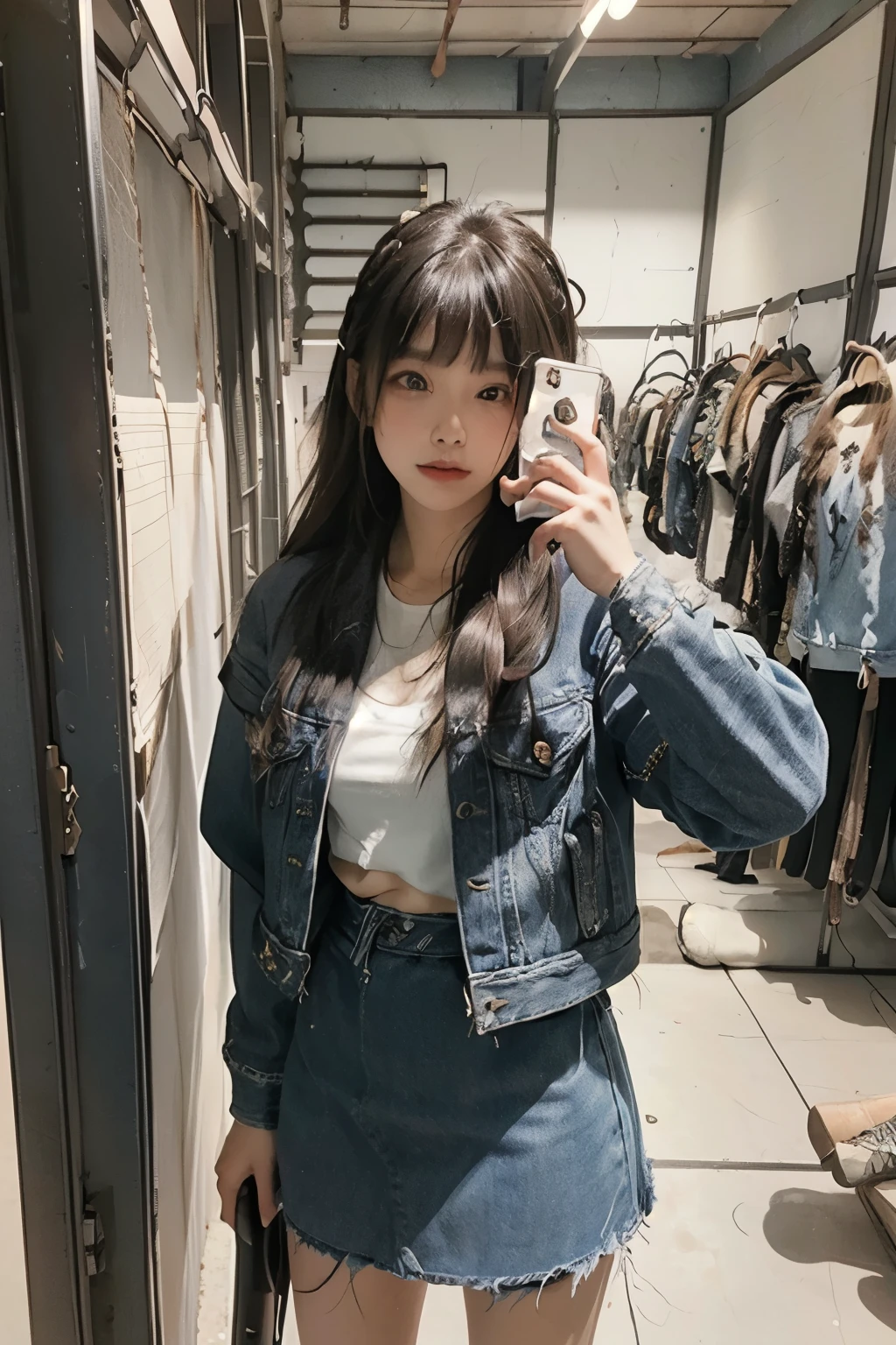 masterpiece, best quality, 1 Girl,long_hair,A faint smile, Bangs,Looking at the audience,Selfie,cowboy shooting,(shooting_hair:2),(Cropping_denim_jacket:1.5),(A 线_skirt:1.4),(White_sports shoes:1.3),
(Practical:1.5), Movie images,
