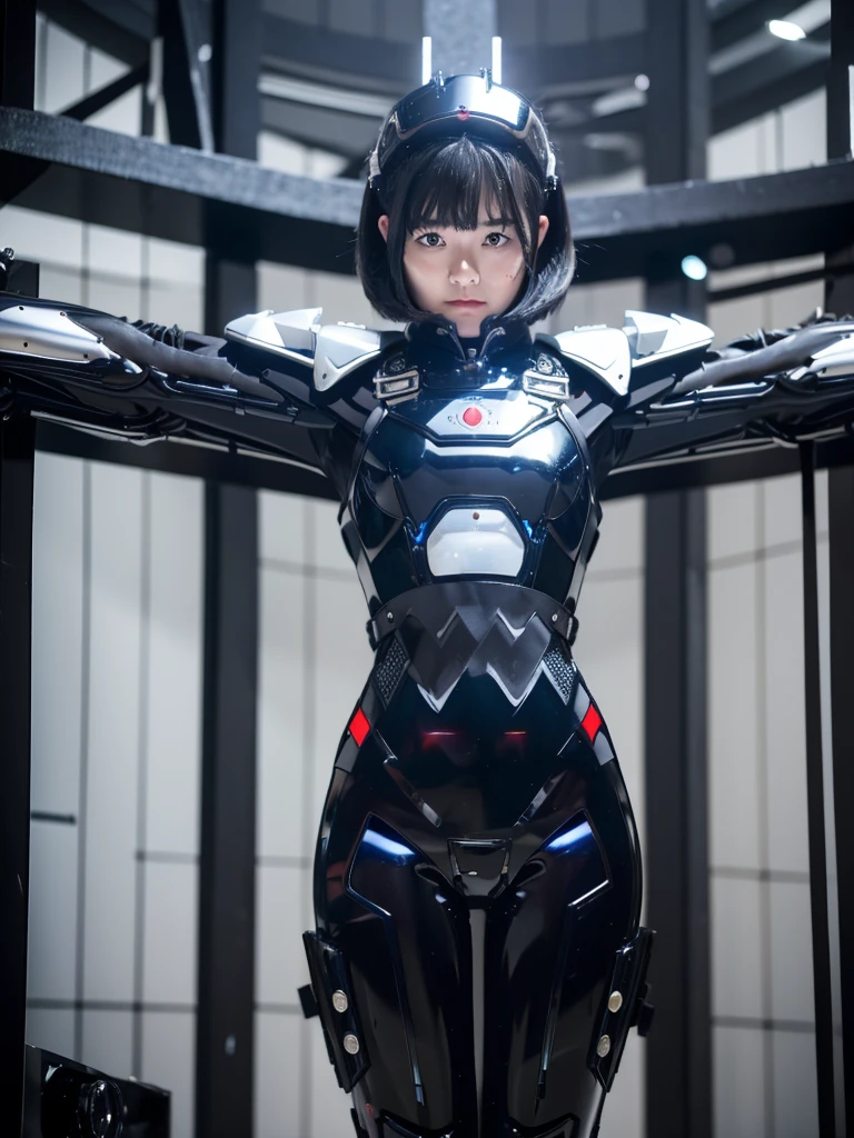 masterpiece, Highest quality, Very detailed, Japanese Android girl,Plump,Slightly thicker,Control panel,Android,cyborg,Blunt bangs,((Crucifixion))，torture，slave，((クロスにCrucifixionにされた女性：1.5)),Crucifixion刑, Type X,,black and white robot suit,Black harness belt,Helmet