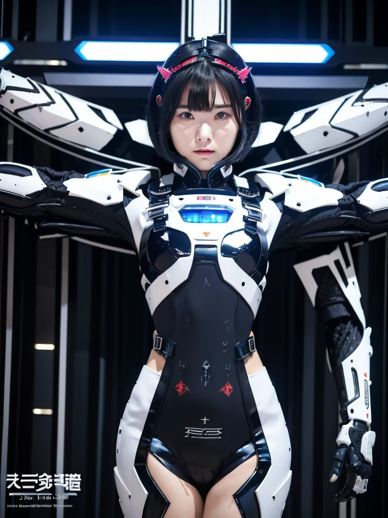 masterpiece, Highest quality, Very detailed, Japanese Android girl,Plump,Slightly thicker,Control panel,Android,cyborg,Blunt bangs,((Crucifixion)),torture,slave,((クロスにCrucifixionにされた女性:1.5)),Crucifixion刑, Type X,,black and white robot suit,Black harness belt,Helmet