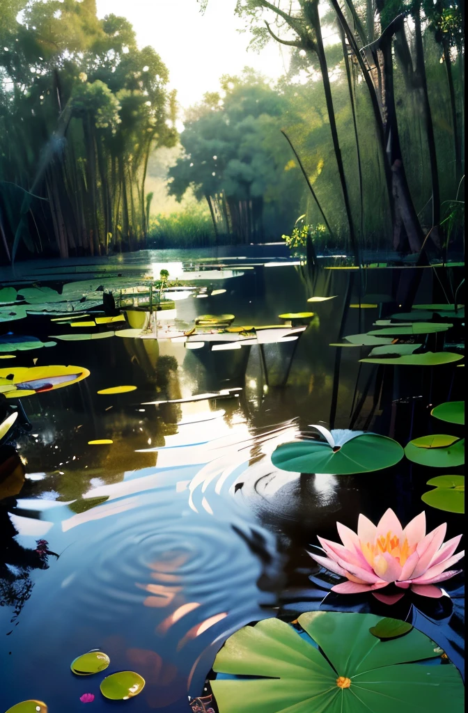 there is a pond with lily pads and water lillies in the water, pond with frogs and lilypads, green lily pads, scene from louisiana swamps, aquatic plants, located in a swamp at sunrise, lily pads, overgrown with aquatic plants, marsh vegetation, flooded swamp, alpine pond with water lilies, waterlily pads, small reeds behind lake
