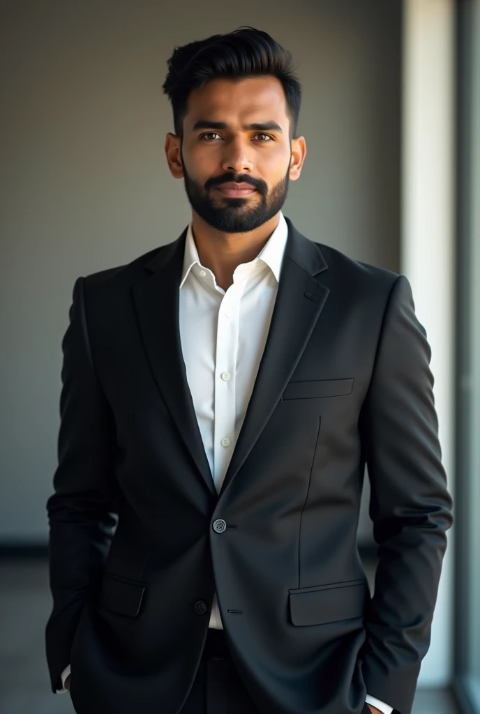 “A well-groomed 2 Bangladeshi slim man with a neatly trimmed beard, standing confidently against a neutral or corporate background. He is wearing a black suit jacket over a crisp white shirt. His look is polished and professional, with natural lighting that highlights his youthful and sharp features, with warm brown skin tones and dark hair typical of Bangladeshi ethnicity. His expression is calm yet approachable, with a slight smile or neutral look, conveying both confidence and professionalism.”