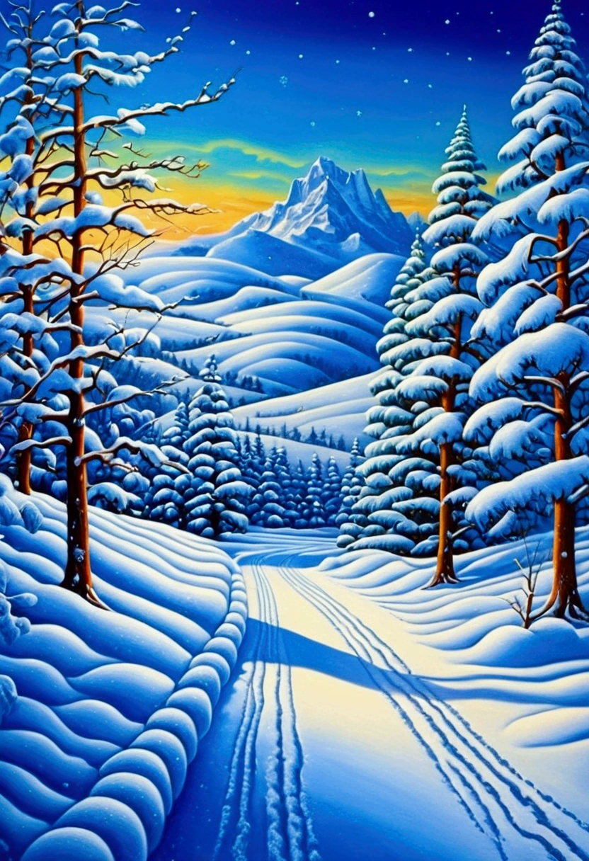 Snow Scenery, Magic realism painting art style, surreal compositions, vibrant colors, blurs the line between reality and fantasy, (best quality, masterpiece, photorealistic), very aesthetic, perfect composition, intricate details, ultra-detailed, vivid colors